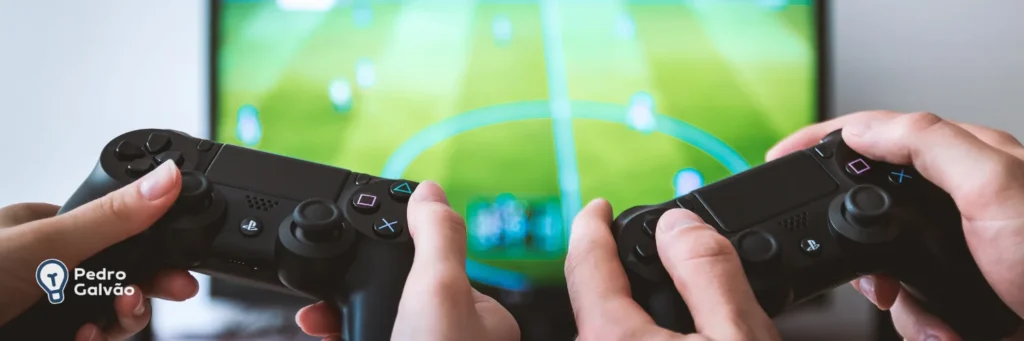 Pessoas jogando vídeo game para indicar o present continuous